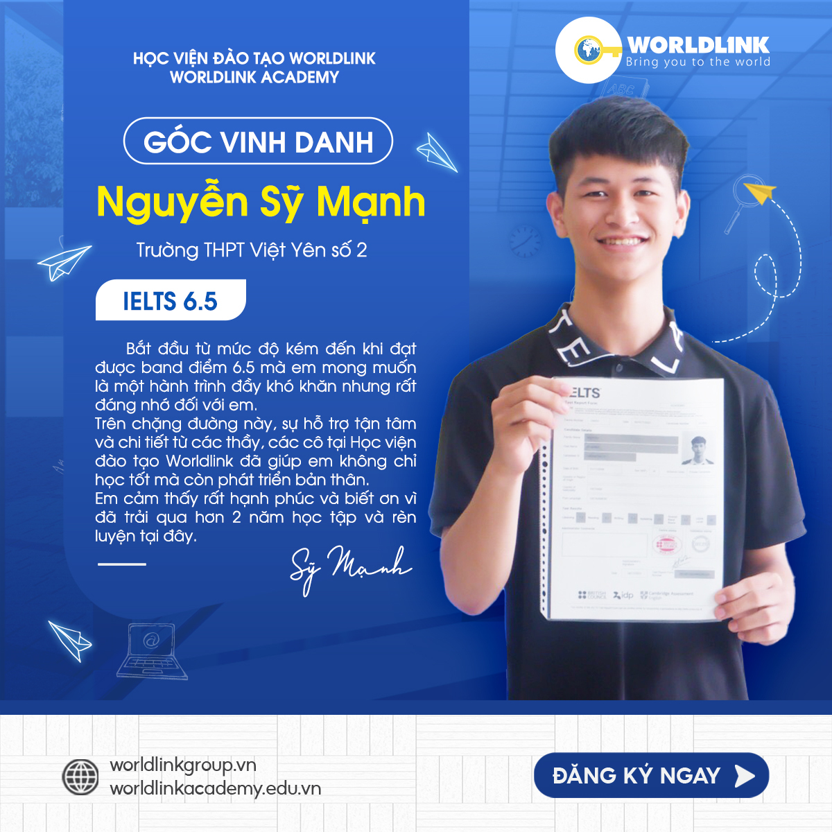 Học viên Nguyễn Sỹ Mạnh - IELTS 6.5 Overall